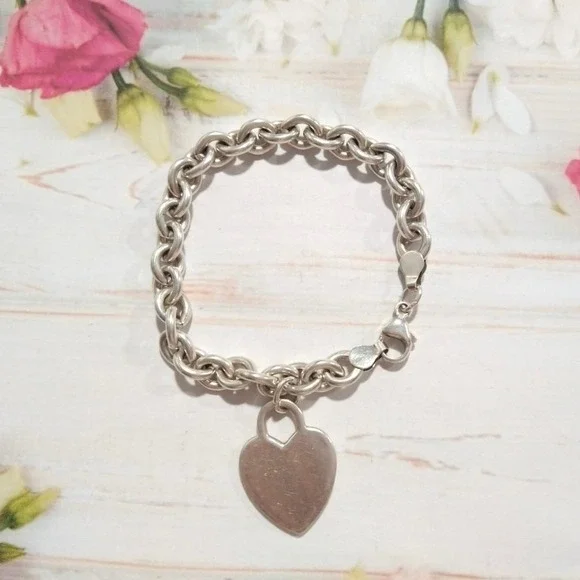 Designer 925 sterling silver cable chain bracelet large Heart charm 7''L signed - Picture 3 of 13